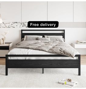 King Size Bed Frame with Wood Headboard,Heavy Duty Metal Platform