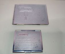 Pair of Vintage stamp holder Metal Pocket cases good used order 7x5 cms 5x4 cms