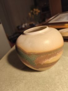 Beautiful  KAMINI style CERAMIC Round Art Pottery Bud Vase Oil Carafe not Signed