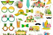 29 Pcs Tropical Hawaiian Photo Booth Props Funny Sunglasses Grass Skirt and Coconut Hat Designs Tropical Themed Party Props for Luau Beach Parties Birthdays and Summer Vacation Photo Backdrop Decor