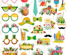 29 Pcs Tropical Hawaiian Photo Booth Props Funny Sunglasses Grass Skirt and Coconut Hat Designs Tropical Themed Party Props for Luau Beach Parties Birthdays and Summer Vacation Photo Backdrop Decor