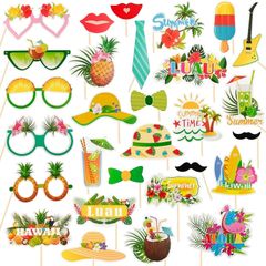 29 Pcs Tropical Hawaiian Photo Booth Props Funny Sunglasses Grass Skirt and Coconut Hat Designs Tropical Themed Party Props for Luau Beach Parties Birthdays and Summer Vacation Photo Backdrop Decor