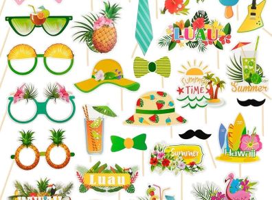 29 Pcs Tropical Hawaiian Photo Booth Props Funny Sunglasses Grass Skirt and Coconut Hat Designs Tropical Themed Party Props for Luau Beach Parties Birthdays and Summer Vacation Photo Backdrop Decor