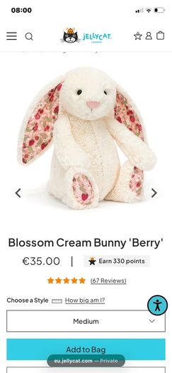 New JELLYCAT Medium Blossom Cream Berry Bunny