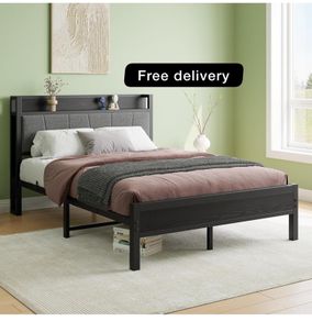 Double Bed Frames with Wooden Storage Headboard,Heavy Duty Metal Upholstered Platform Bed Frame