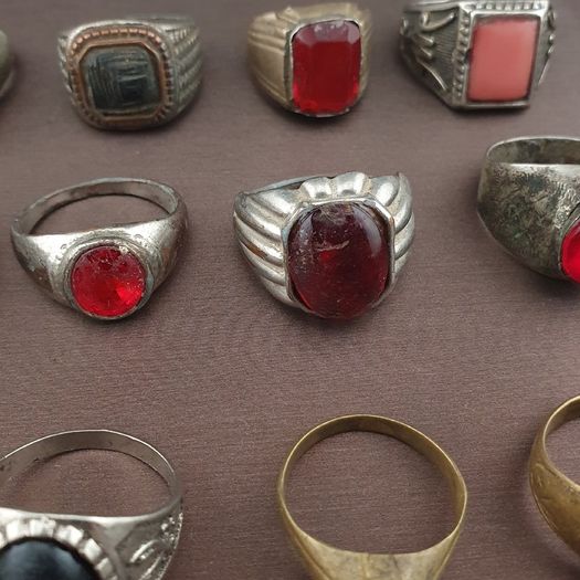 Antique Brass Ring Collection 15 Mixed Handmade Stone & Glass Rings