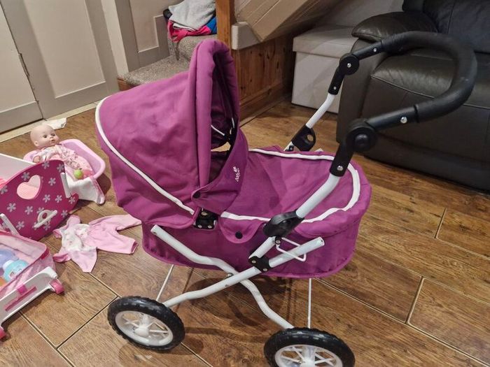 Baby doll pram, bath, bed