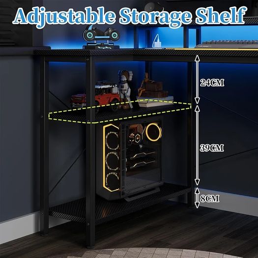 100cm Reversible L-Shaped Gaming Desk with Power Sockets & LED Lights, Carbon Fibre Computer Table with Long Monitor Stand, 2-Tier CPU Storage Shelves & Side Pouch, Black