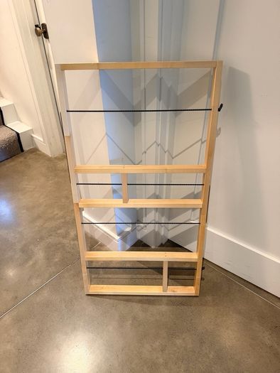 Hardwood bedside lockers, Ikea shelf and stool, Phil Kenyon putting mat