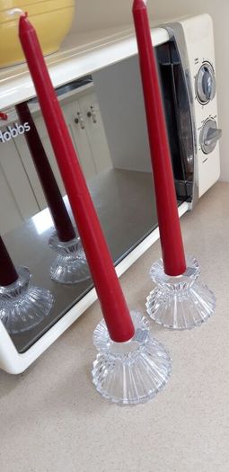 Tipperary Crystal Candlesticks with Tall red Candles