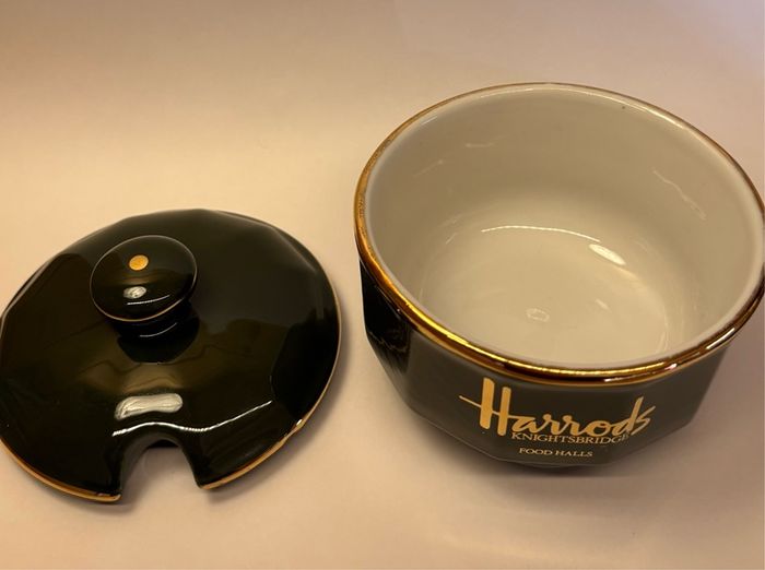 Vintage Harrods Food Halls Apilco France Lidded Preserve Pot / Sugar Bowl Green & Gold