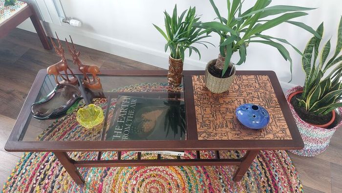 Stunning and Unique/Rare Mid Century Modern Wooden Coffee Table with Smoked Glass and Acid-Etched Copper Inlay and Slatted Magazine Shelf