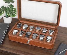 12 Slot Leather Watch Box - Luxury Watch Case Display Organizer, Microsuede Liner, Locking Mens Jewelry Watches Holder, Men's Storage Boxes Holder Large Glass Top (Tan/Brown)