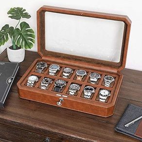 12 Slot Leather Watch Box - Luxury Watch Case Display Organizer, Microsuede Liner, Locking Mens Jewelry Watches Holder, Men's Storage Boxes Holder Large Glass Top (Tan/Brown)