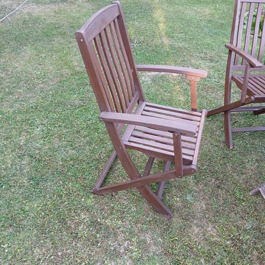 Garden table and chairs, parasol and cushions