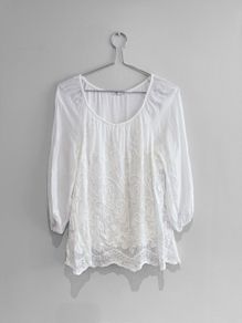 Pre Owned White Embroidered Boho Tunic Blouse