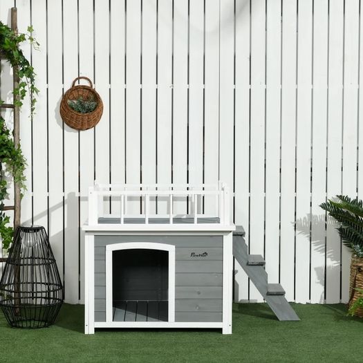 Dog House, Rooftop Terrace, Stairs, Window, Ground Clearance, Natural Wood, Light Gray, 121 x 77 x 78cm