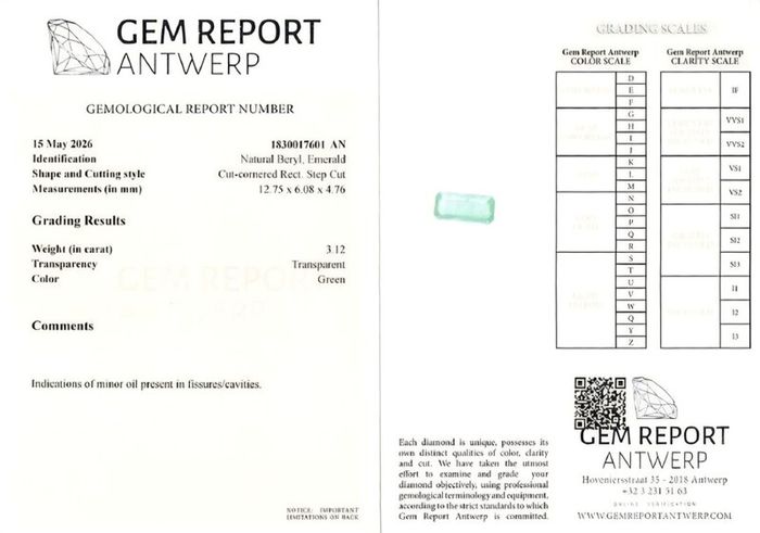 Natural 3.12ct Emerald. Rectangular Step Cut Certified Antwerp Lab