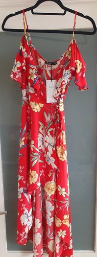 BERSHKA red floral ruffle frill wrap dress Sz S (Fit 8-10UK) - Bnwt