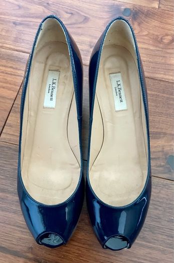 LK Bennett Eevi Navy Patent Espadrille Wedges