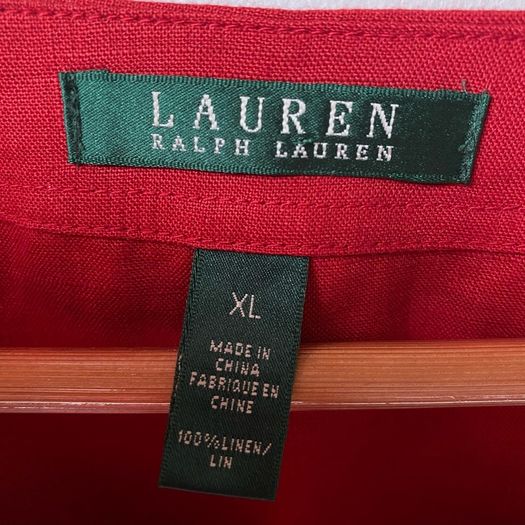 Lauren Ralph Lauren Red 100% Linen Lace-Up Tunic Blouse Roll Tab Sleeve XL