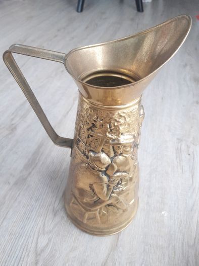 Vintage Peerage England Brass Pitcher Watering Can with Embossed Scene