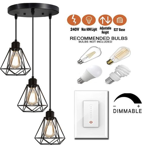 3-Light Pendant Light, Flush Mount Ceiling Light Fixture with Black Metal Cage Shade, Vintage Hanging Pendant Lighting for Kitchen, Island, Dining Room (FREE POSTAGE)
