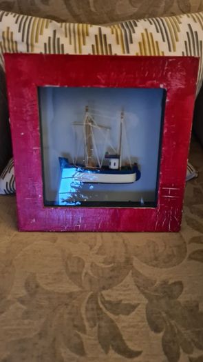 MODEL Fisfing Boat Trawler Framed Behind Glass. In Good Condition.