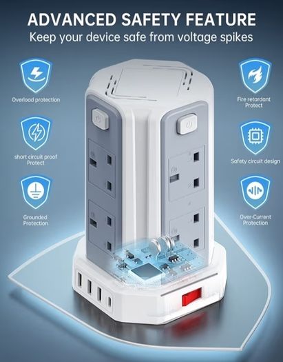 Extension Tower 8 AC Outlets 4 USB Ports, Surge Protection Extension Lead with 4 Independent Switch, 17W USB C Ports Extension Cable 3M for Office, Home, Kitchen