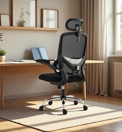 High Back Mesh Design with Adjustable Lumbar Support, Flip-Up Armrests, Removable Headrest & 360 Swivel - Space-Saving for Home, Work, or Gaming - Black