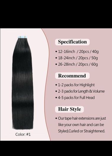 26inch 1B Tape Human Hair Extension Brazilian 100% Hair 50GM per pack