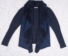 Oasis Navy Blue Faux Fur Suede Knit Waterfall Cardigan Size M