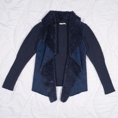 Oasis Navy Blue Faux Fur Suede Knit Waterfall Cardigan Size M