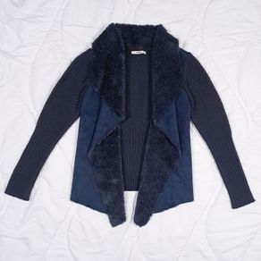 Oasis Navy Blue Faux Fur Suede Knit Waterfall Cardigan Size M