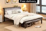 Double Bed Frames with Storage Wooden Headboard, Metal  Bed Frame