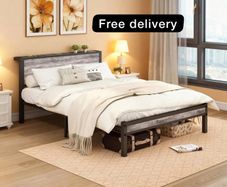 Double Bed Frames with Storage Wooden Headboard, Metal  Bed Frame