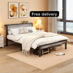 Double Bed Frames with Storage Wooden Headboard, Metal  Bed Frame