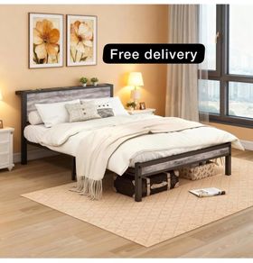 Double Bed Frames with Storage Wooden Headboard, Metal  Bed Frame