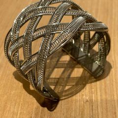Vintage silver-toned wide woven open cuff bracelet