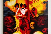 Signed Canvas Painting Striking Red and Gold Don Quixote Artwork 61.5 x 50cm