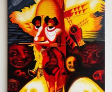 Signed Canvas Painting Striking Red and Gold Don Quixote Artwork 61.5 x 50cm