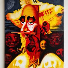 Signed Canvas Painting Striking Red and Gold Don Quixote Artwork 61.5 x 50cm