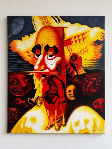 Signed Canvas Painting Striking Red and Gold Don Quixote Artwork 61.5 x 50cm