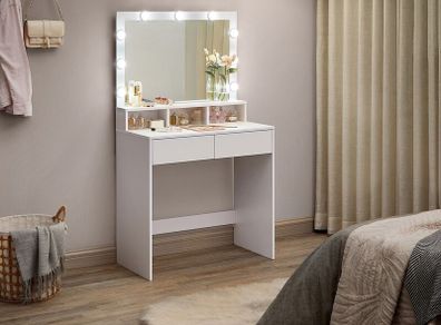 Dressing table LED  with mirror and bulbs Dressing table with mirror and light bulbs dressing table, dressing table, cosmetic table with 9 LED light bulbs and mirrors, adjustable brightness, 2 drawers and 3 open compartments, drawers, modern, whit