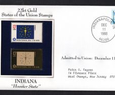 1988 USA Indiana "Hoosier State" 22kt Gold Replica of the 1976 United States Flag Stamps showing 25c US flag definitive tied Indianapolis, Indiana (state capital) illustrated cover