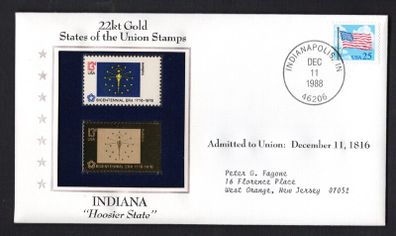 1988 USA Indiana "Hoosier State" 22kt Gold Replica of the 1976 United States Flag Stamps showing 25c US flag definitive tied Indianapolis, Indiana (state capital) illustrated cover