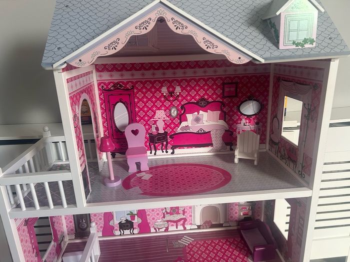 Large 3-Story Wooden Dollhouse with Furniture (1.16m Tall)