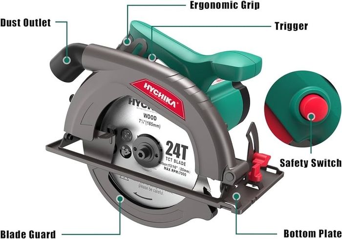 SALE | Circular Saw, 1300W HYCHIKA Electric Saw 4500RPM, High Power Motor, 24T Blade(185mm), Cutting Depth 65mm (90 degree), 45mm (45 degree), Safety Switch, Dust Extraction, for Wood/Plastic Cutting
