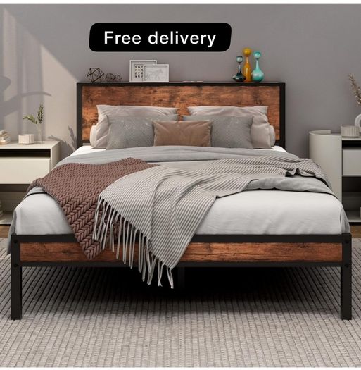 Double Bed Frame with Wooden Storage Shelf Headboard, Metal Platform