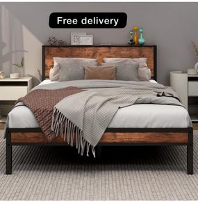 Double Bed Frame with Wooden Storage Shelf Headboard, Metal Platform